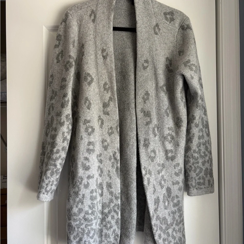 Talbots Light Gray Leopard Print Open Cardigan Sweater - Picture 2 of 5